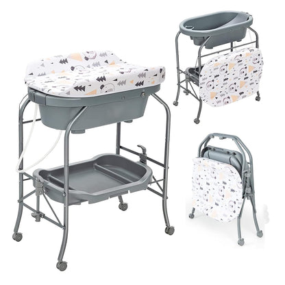 HONEY JOY Baby Changing Table with Bathtub, Foldable Infant Diaper Changing Station with Wheels