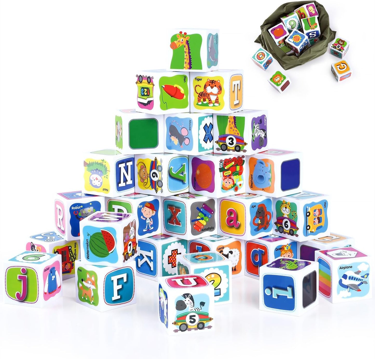 PLAY ABC Building Blocks for Toddlers 1-3, 28 PCS Plastic Baby Alphabet Letters Number Stacking Blocks Set, Preschool Learning Educational Montessori Sensory Toys Gifts for Kids Girls Boys