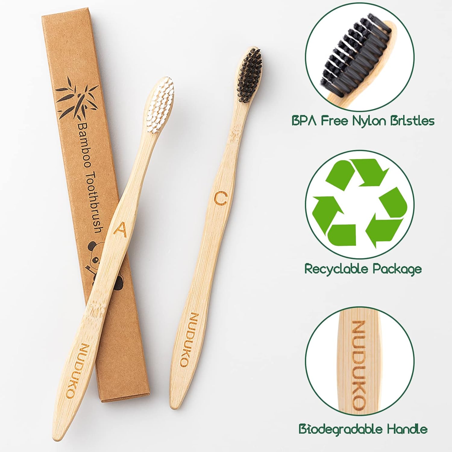 Biodegradable Bamboo Toothbrushes, 10 Piece BPA Free Soft Bristles Toothbrushes, Natural