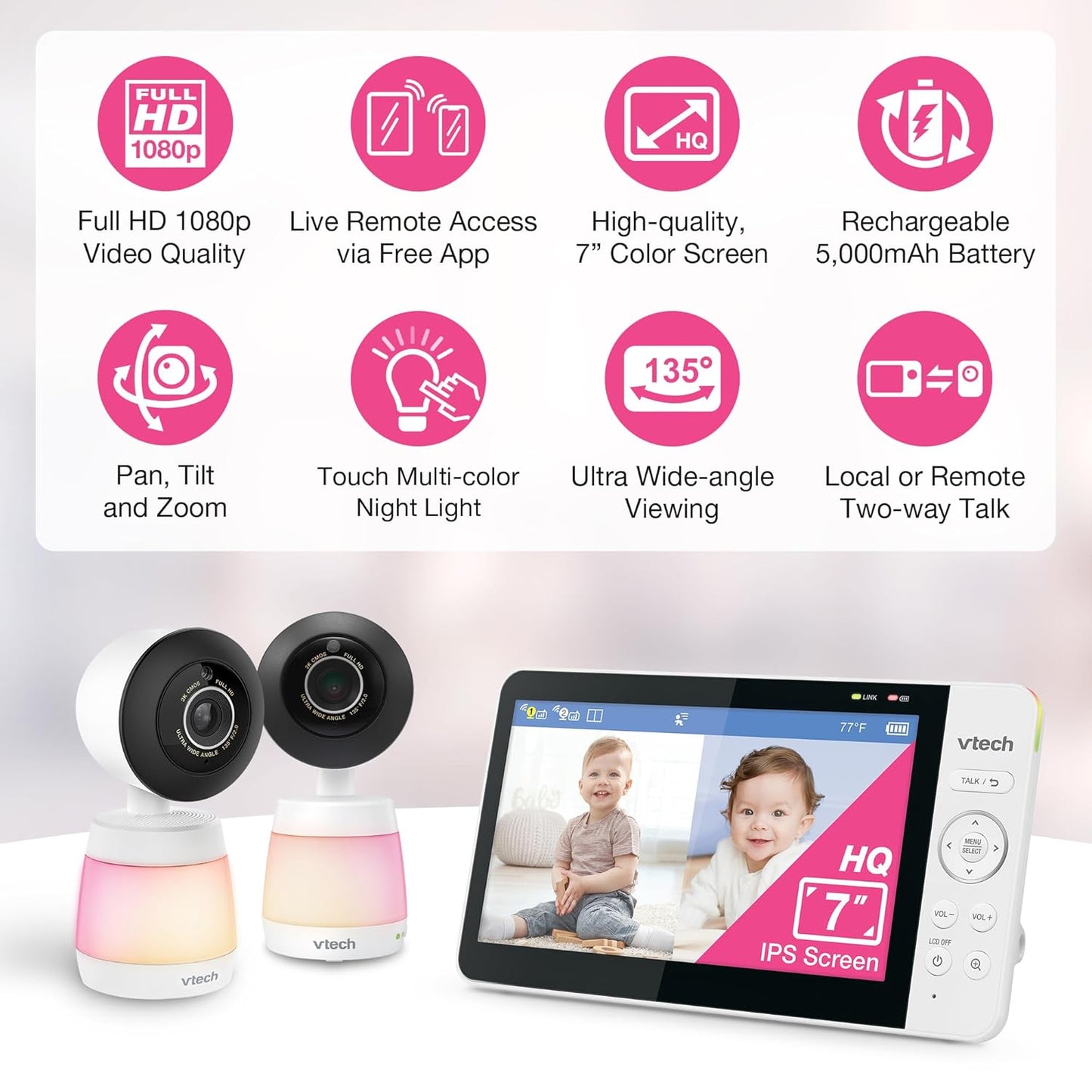 VTech 2-Cameras Smart WiFi Baby Monitor with 1080p FHD Video, Free App with Motion Video, Sound/Motion Detection and Notifications, 7" IPS Display with Split-Screen, Pan-Tilt-Zoom: Smart HQ Max Twin