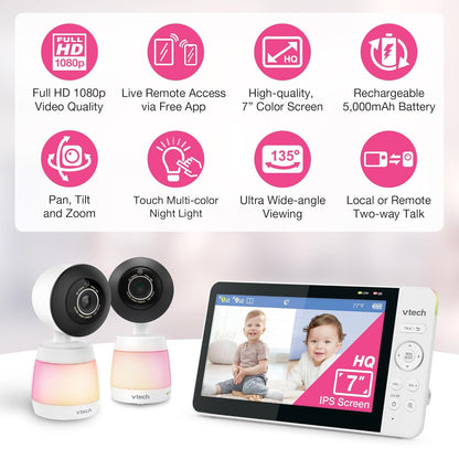 VTech 2-Cameras Smart WiFi Baby Monitor with 1080p FHD Video, Free App with Motion Video, Sound/Motion Detection and Notifications, 7" IPS Display with Split-Screen, Pan-Tilt-Zoom: Smart HQ Max Twin