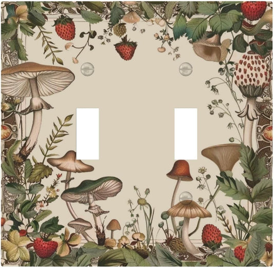 Decorative Switch Covers Plate Rustic Mushroom Garden Red Strawberry 2 Gang Wall Plate Unique Double Toggle Light Switch Plate Wall Cover Plate Faceplate for Bedroom Home Decor