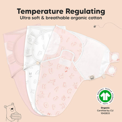 KeaBabies 3-Pack Organic Baby Swaddle Sleep Sacks - Swaddles for Newborns, Infant 3-6 Months, Baby Girls, Boys, Soft & Snug Newborn Sleep Sack, Nursery Swaddling Blankets (ABC Land Rose, L)