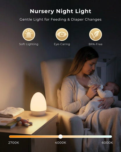 FULNIX Egg Light for Nursery, Eye-Caring Touch Control Rechargeable Baby Night Light with 17 Color