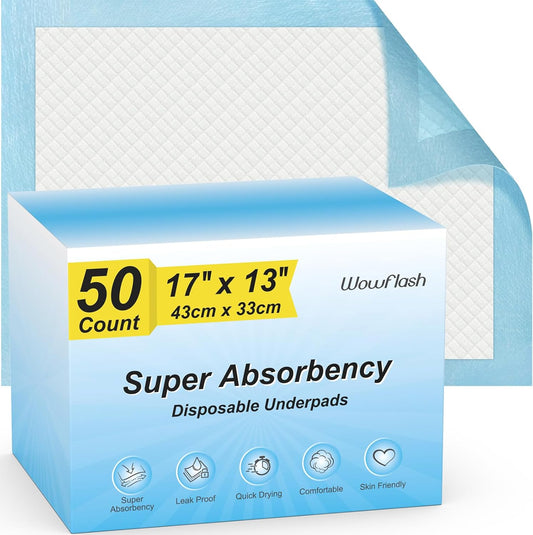 50 Count Super Absorbency Disposable Underpads, Leakproof Quick Drying Disposable Pads for Baby