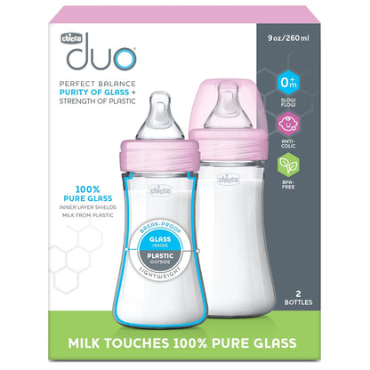 Chicco Duo 9oz. Hybrid Baby Bottle with Invinci-Glass Inside and Plastic Outside | Dishwasher