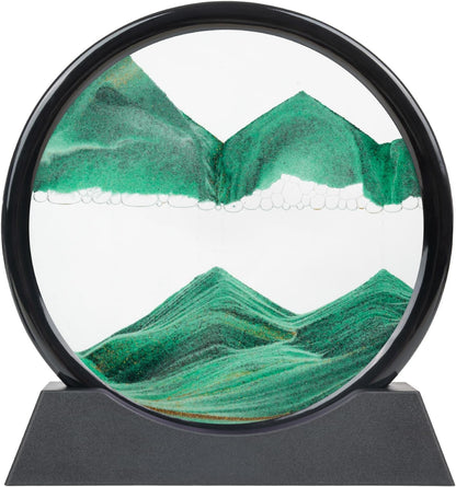 Drakswet Moving Sand Art Liquid Motion，Moving Sand Art Picture-3D Deep Sea Sandscape，Round Glass Frame Display Flowing Sand Relaxing Desktop Home Office Work Decor (Green)