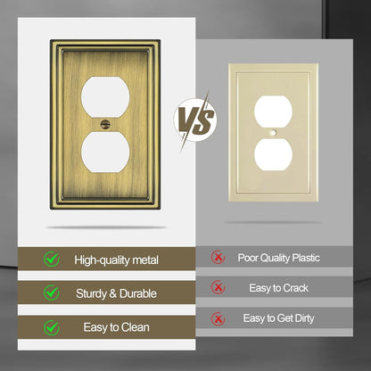 6 Pack Duplex Outlet Covers Wall Plates, Antique Brass Metal Electric Receptacle Cover, Classic Decorative Switch Plate and Outlet Cover, 1 Gang Wall Plate for Electrical Outlets
