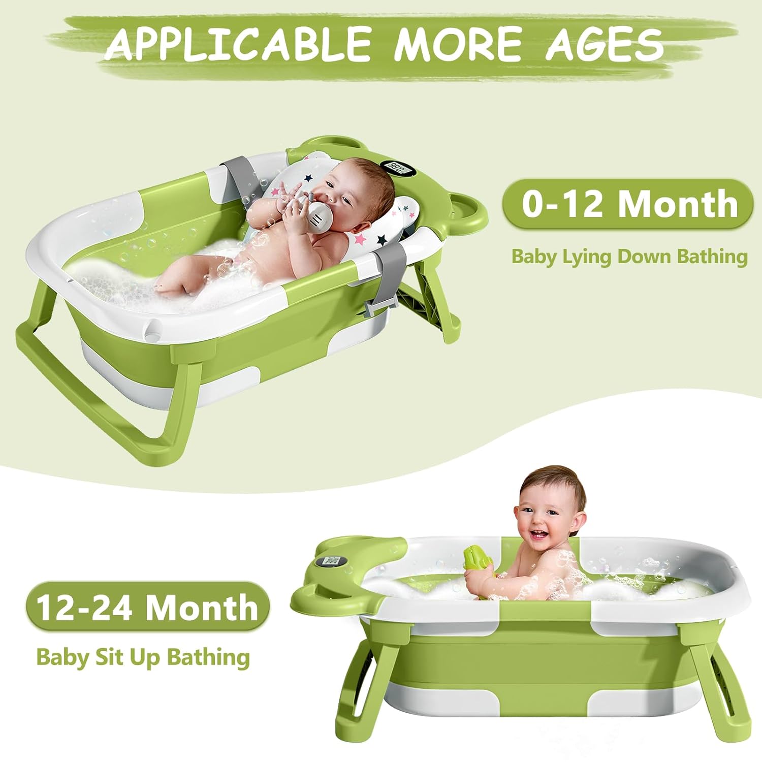MoreFeel Collapsible Baby Bathtub for Newborn with Thermometer & 1 Hooded Towel & 1 Soft Floating
