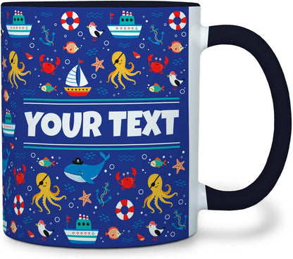 Personalized Mug for Kids - Nautical - Custom Name/Text, Ceramic Hot Chocolate/Cocoa/Coffee Cup for Boys/Girls, Birthday/Christmas/Holiday Gift - 11 oz, Black Handle