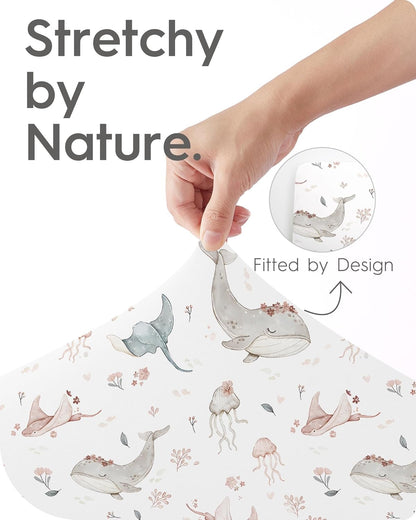 Pack and Play Sheets Fitted, Ultra Soft Mini Crib Sheets Girl, Pink Pack N Play Mattress Sheets Hypoallergenic and Soothing, Premium Jersey Playard Sheets, Safari Sea Animals, 2 Pack
