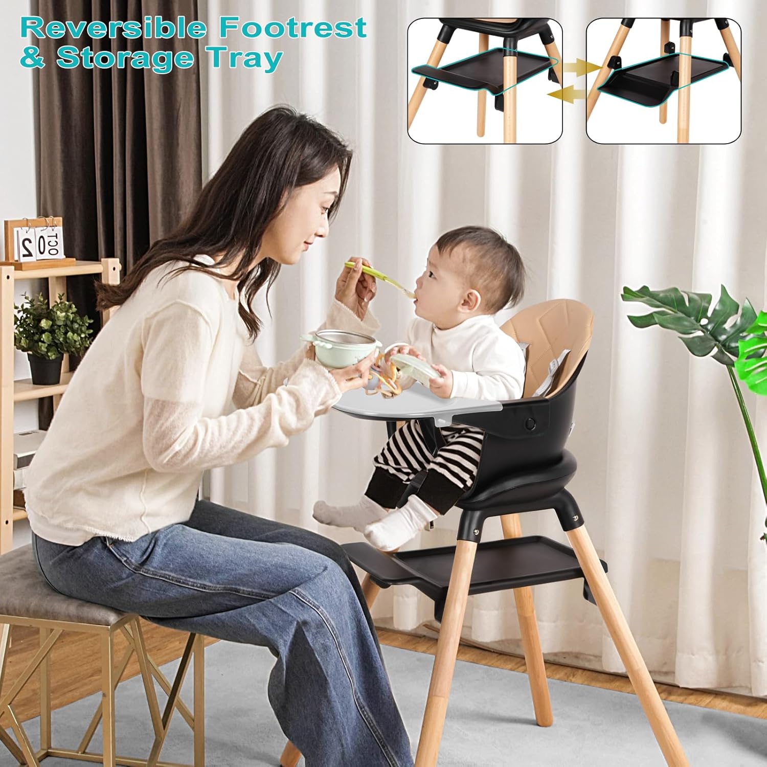 Baby High Chair, 6 in 1 Wooden Convertible High Chairs for Babies and Toddlers, Booster Seat with