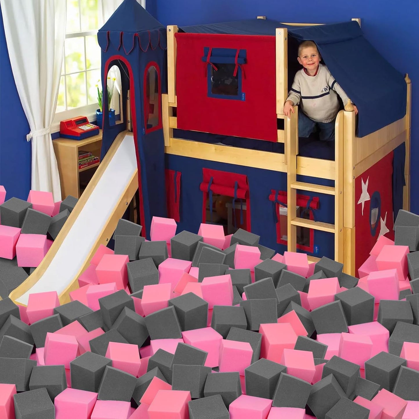 Foam Pit Cubes, 24 PCS 5 Inches Gymnastics Foam Blocks Trampoline Blocks, Multi-Sport Protective Padding for Gymnastics, Trampoline, Parkour, Skate Parks & BMX - Dark Grey & Pink