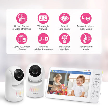 VTech Advanced HQ Max Twin 7" Digital Video 2-Cameras Baby Monitor with Pan Tilt Zoom, Long Battery Life 5000mAh, IPS Screen, Adaptive Multi-Color Night Light, 2-Way Talk, HQ Display, No WiFi, White