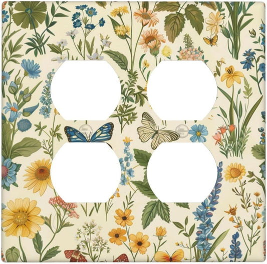Decorative Outlet Covers Rustic Plant Garden Leaf Flower Butterfly 2 Gang Wall Plate Cover Double Duplex Receptacle Two Switch Light Switch Cover Plate Jumbo Faceplate for Home Decor