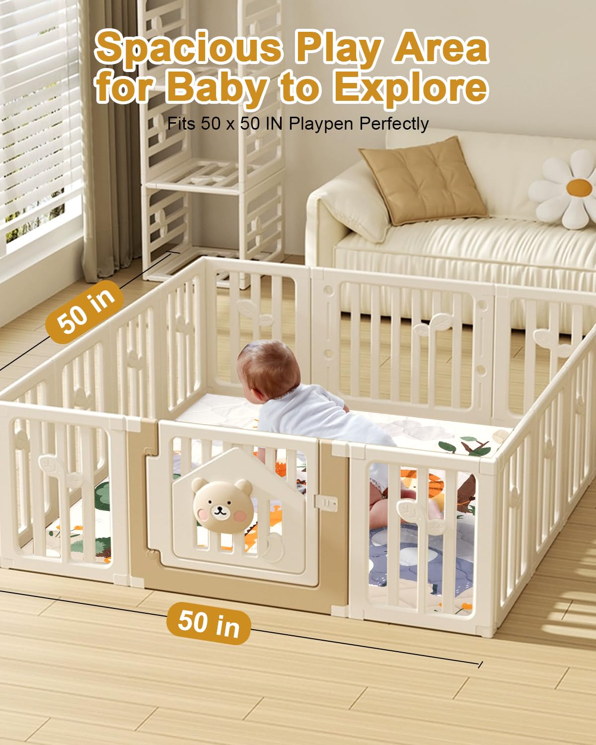 Premium Foam Baby Play Mat 50" x 50" – Removable & Machine Washable Cover, Extra Thick Padding Playpen Mat, Non-Slip Crawling Mat, Easy to Clean for Infants, Toddlers & Babies