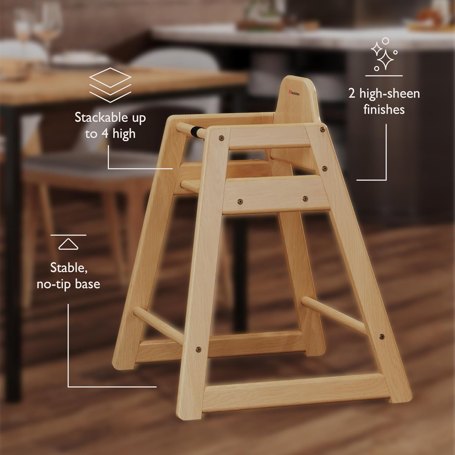 Foundations Neat Seat Wood Highchair for Restaurants, Easy to Clean, “No-tip” Feet, 3-point Safety