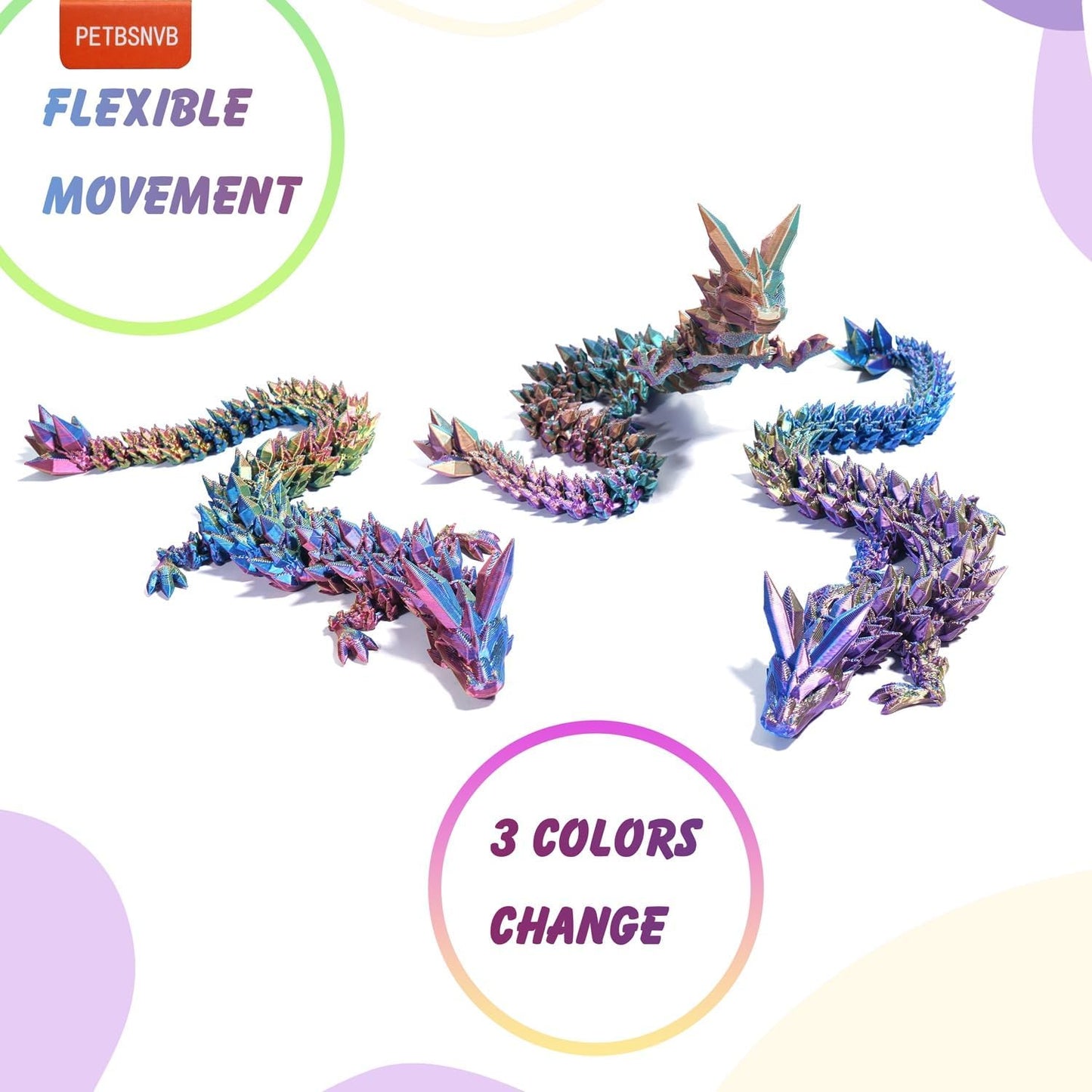 Three Color 12" 3D Printed Dragon, Articulated Dragon, Crystal Dragon, Dragon Fidget toy, Home Office Decor Executive Desk Toy (Yellow Head)
