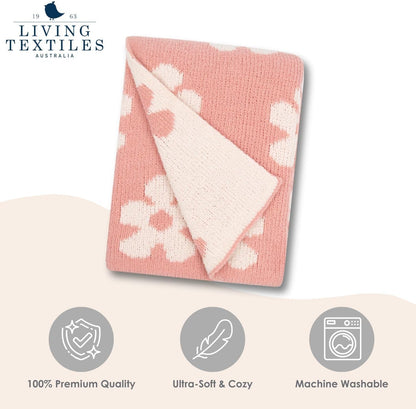 Living Textiles Pink Floral Daisy Chenille Soft Baby Blanket Reversible Premium Cozy Fabric for