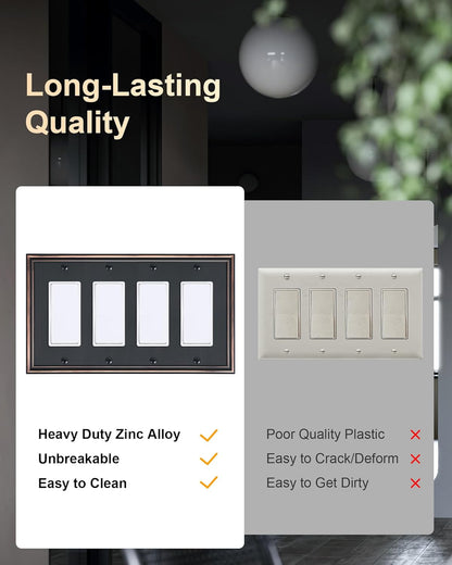 2-Pack Quad Decorator Outlet Cover Plate, Zinc Alloy Decorative Aged Bronze Switch Plates and Outlet Covers, 4 Gang Wall Plates for Electrical Outlets, Receptacle, GFCI Outlet, Dimmer Switch