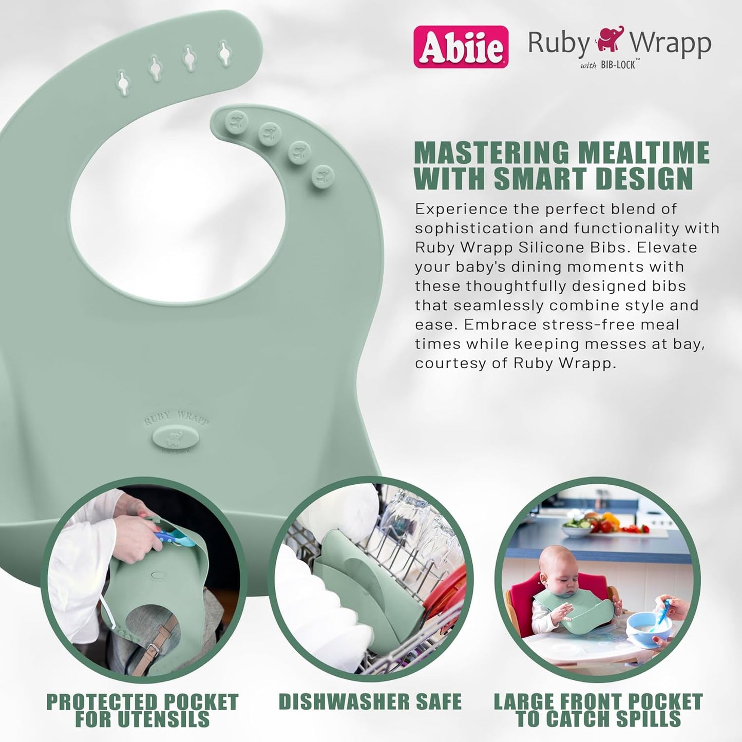 Abiie Ruby Wrapp Silicone Bibs for Babies with Front Pocket - Waterproof Bib - Stain Resistant