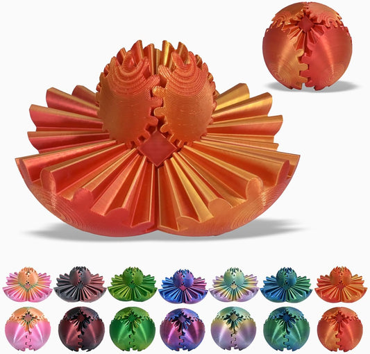 3D Printed Gear Ball, Gear Sphere Fidget Toy Stress Relif Toy for ADHD, Anxiety Relaxing Toy for Adults at Work/Study/Travel, Red-Gold