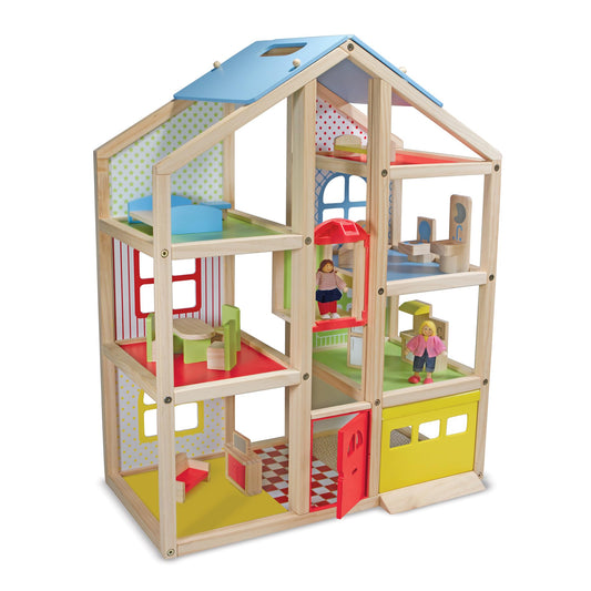 Melissa & Doug Wooden Hi-Rise Dollhouse with 15 Furniture Pieces, Garage, Working Elevator