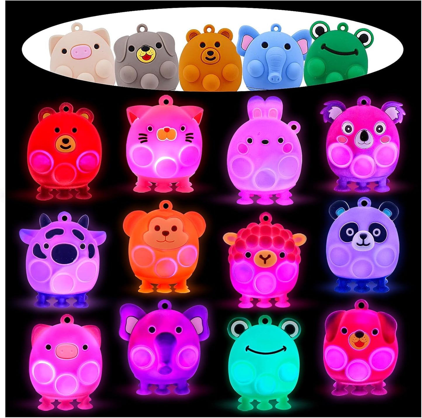 Light Up Animal Pop Fidget Toys, 12 PCS Silicone Suction Toys, Glow Party Favors for Kids, Goodie Bags Stuffers, Birthday Gifts, Bulk Toys Prizes, Classroom Prizes