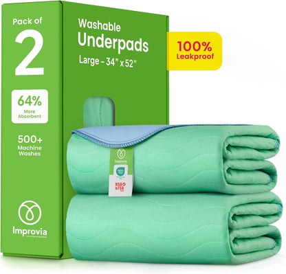 IMPROVIA® Washable Underpads, 34" x 52" (Pack of 2) - Heavy Absorbency Reusable Incontinence Pads