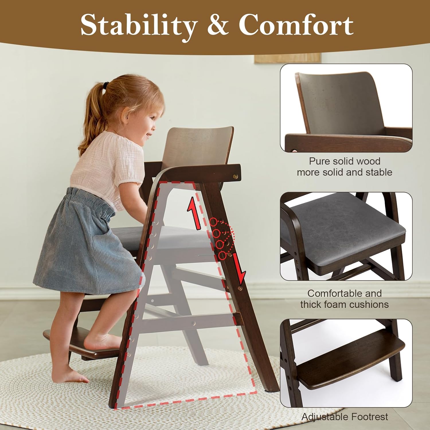 Solid Wood High Chair for Toddlers to Teens, Adjustable Height Toddler Dining Chair, Easy to Clean