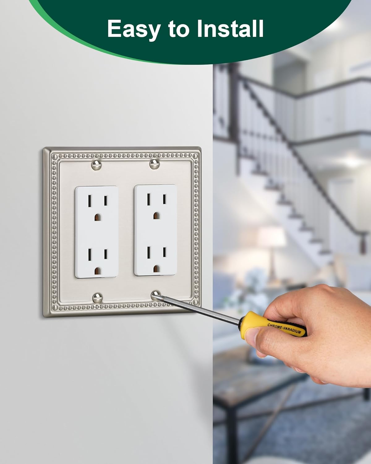 2-Pack Double Decorator Outlet Cover Plate, Pearls Decorative Switch Plates and Outlet Covers, 2 Gang Brushed Nickel Metal Wall Plates, Corrosion Resistant