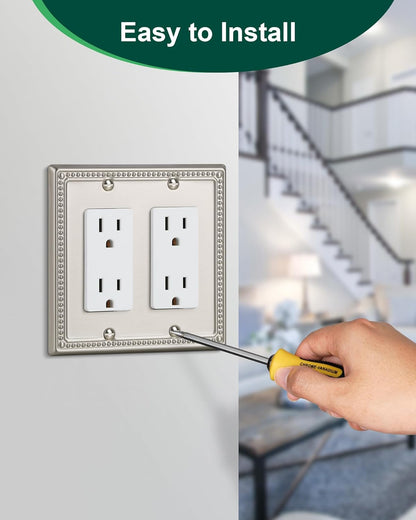 2-Pack Double Decorator Outlet Cover Plate, Pearls Decorative Switch Plates and Outlet Covers, 2 Gang Brushed Nickel Metal Wall Plates, Corrosion Resistant