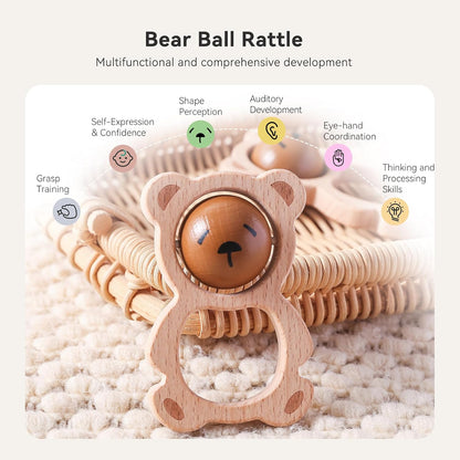 Wooden Baby Rattle Toys, Newborn Rattle Toys 0-12 Months Handmade Baby Clutching Toys | Natural Wooden Baby Teething Toys | Baby Shower/Birthday Gifts (Cute Bear Rattle)