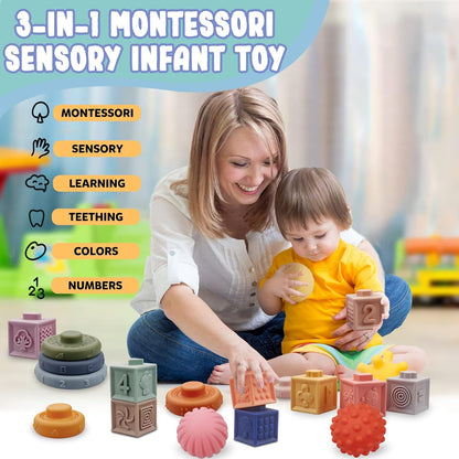Montessori Toys for Babies 6-12 Months, Soft Baby Blocks Toys Set, 3 in 1 Infant Stacking Building