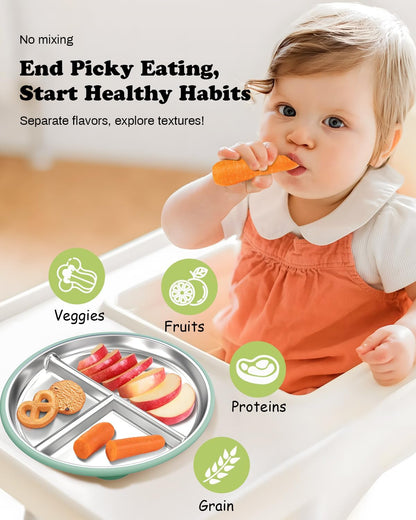 Stainless Steel Toddler Plate with Suction, 8” Divided Plates with Removable Silicone Sleeves for Baby, Non Toxic Unbreakable Kids Snack Dishes Set of 4, Sage Blue Beige Lilac