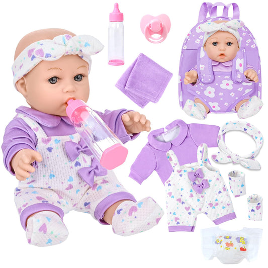 12" Baby Doll with Flower Pattern Backpack Carrier and Accessories Toys