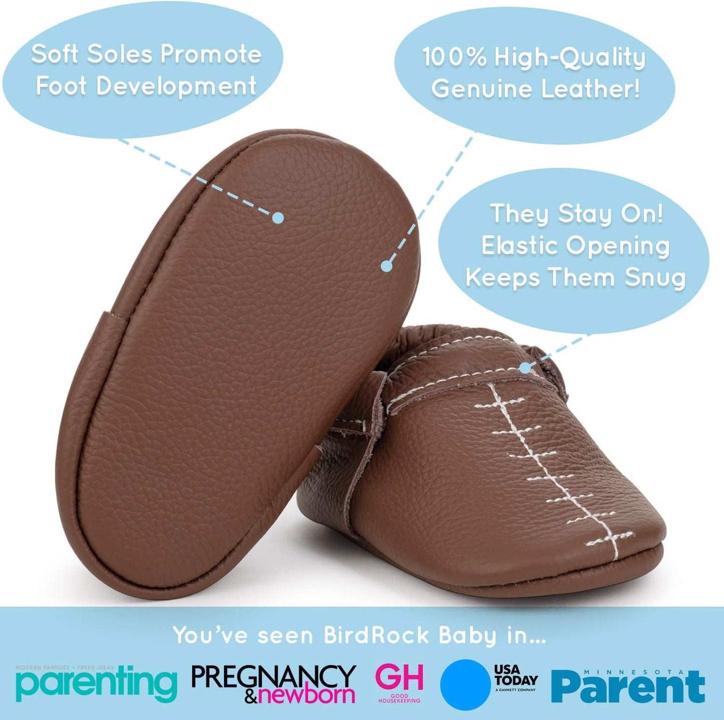 BirdRock Baby Fringeless Moccasins - Genuine Leather Boys and Girls Shoes for Newborns, Infants, Babies, Toddlers