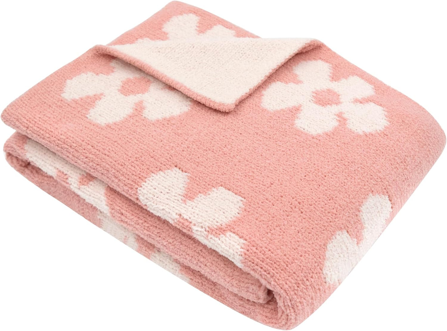 Living Textiles Pink Floral Daisy Chenille Soft Baby Blanket Reversible Premium Cozy Fabric for