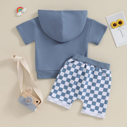 Toddler Baby Boy Summer Hooded Outfit Contrast Color Short Sleeve T Shirt Top Elastic Shorts Summer Clothes Set