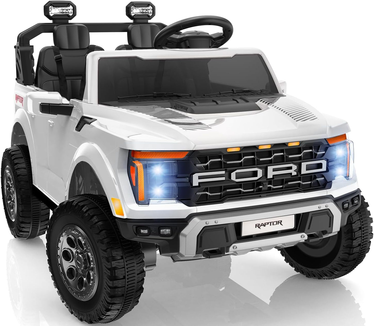 24V Kids Ride On Truck, Licensed Ford F-150 Raptor 2 Seater Electric Car w/Remote Control, Toddler Ride On Car Toys w/LED Lights, Bluetooth, Music, Truck Bed Storage, Soft Start (White)