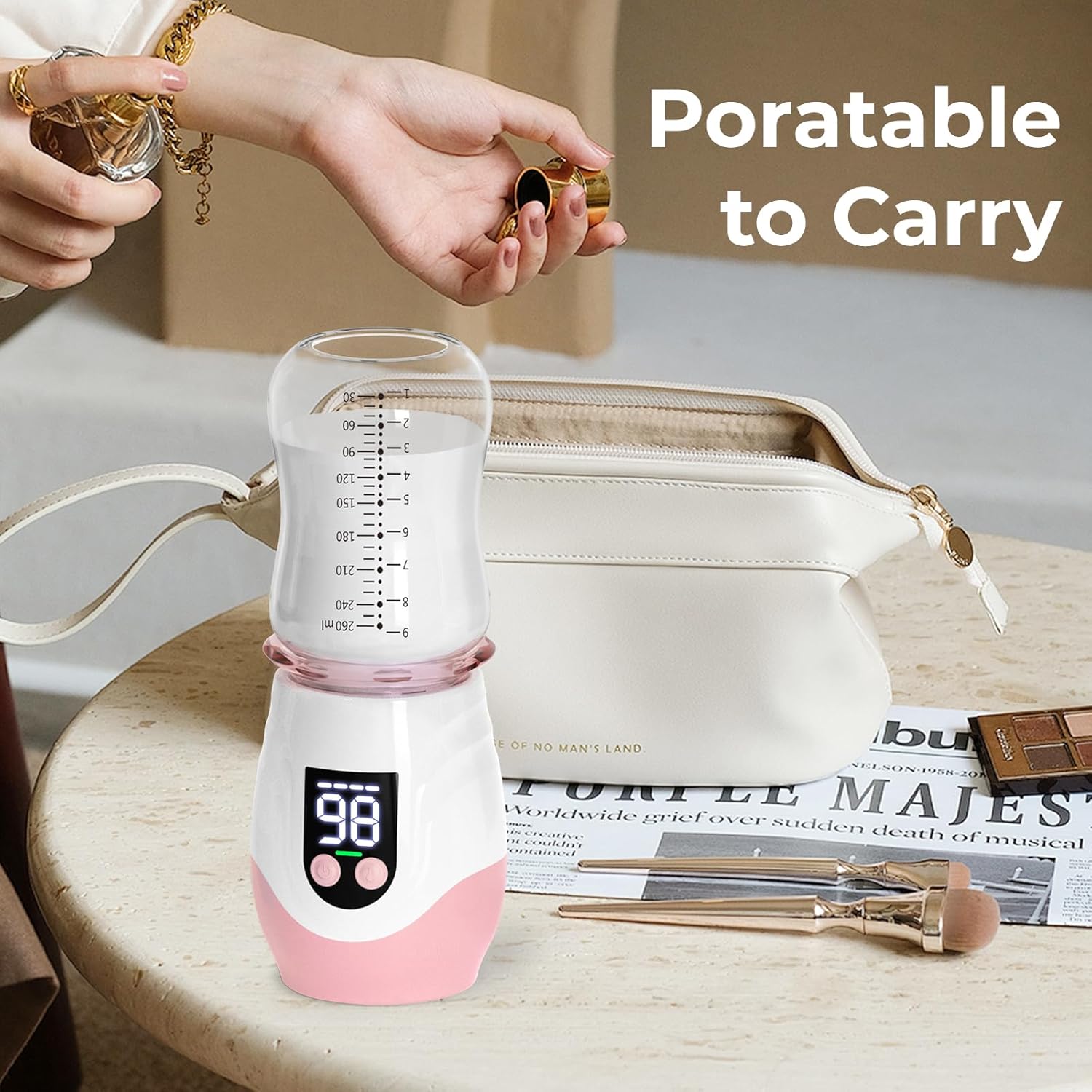 Portable Cordless Baby Bottle Warmer for Travel, Rechargeable with 8 Adapters & 1 Milk Powder
