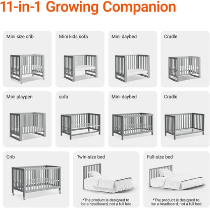 EvoNest Baby Crib, 11 in 1 Convertible Mini Crib with Wheels, 100% New Zealand Wood Growing Bed, 4 Adjustable Mattress Height,Grey