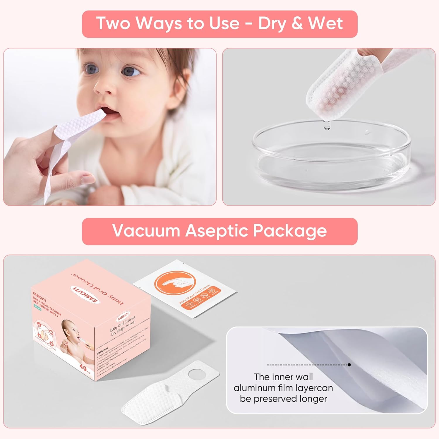 EASICUTI 40Pcs Baby Finger Toothbrush, Dry Wipes Baby Toothbrush, Baby Tongue Cleaner, Newborn
