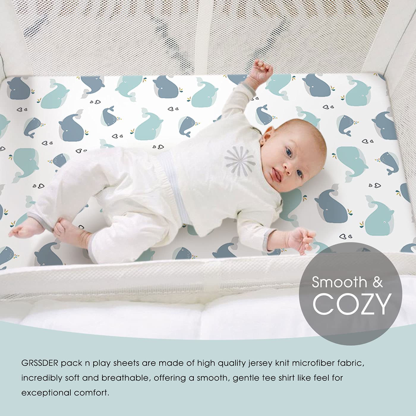 GRSSDER Stretchy Ultra Soft Jersey Knit Fitted Pack n Play Sheets Set 2 Pack, Portable/Mini Cribs
