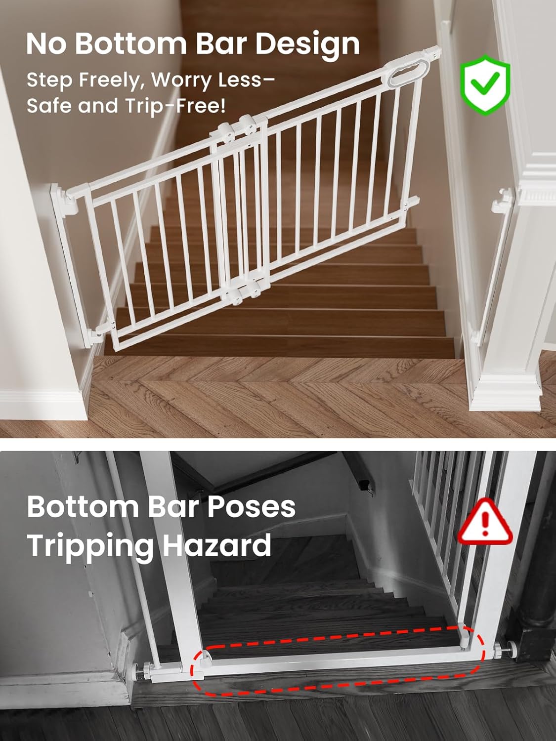 Grownsy Baby Gate for Stairs- No Bottom Bar, Adjustable Width 29.8” to 43.5” for Child and Pet, Dog Gate with Auto-Close & One-Hand Operation, Screw-in Installation for Doorways and Indoor Use
