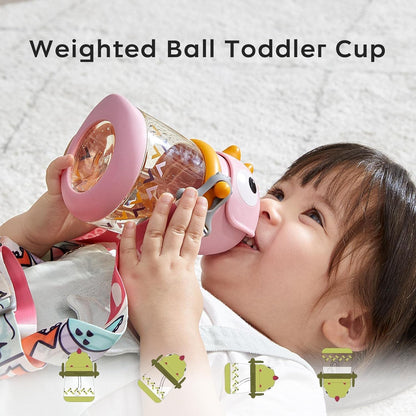 bc babycare Straw Sippy Cups for Toddler, No Spill Sippy Cups for Baby 1+ Year Old, Transition Weighted Sippy Cup with Straw and Strap, 10oz/300ml, Pink