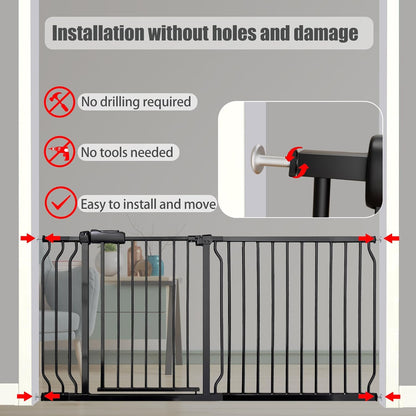 Heavy Duty Baby & Pet Safety Gate - Extra Wide 76.4-81.1 Inch, Black Metal, Pressure Mounted, Walk-Through