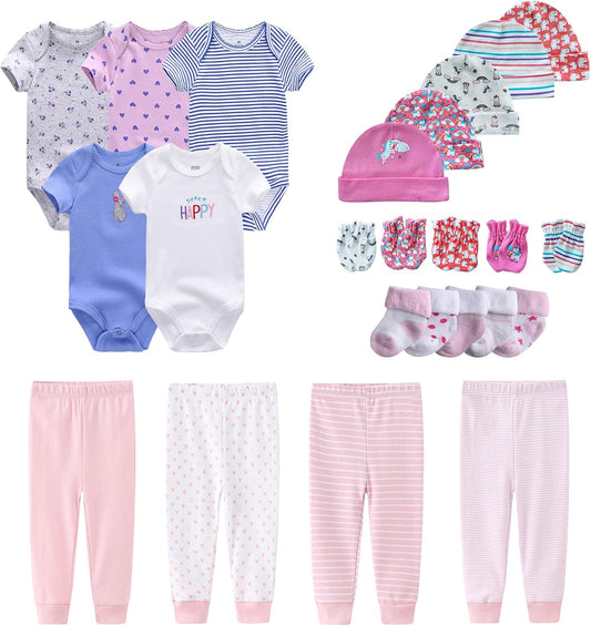 Newborn Layette Gift Set Bodysuits Pants for Baby Girl and Boy 24 Piece 100% Cotton Essentials and Accessories