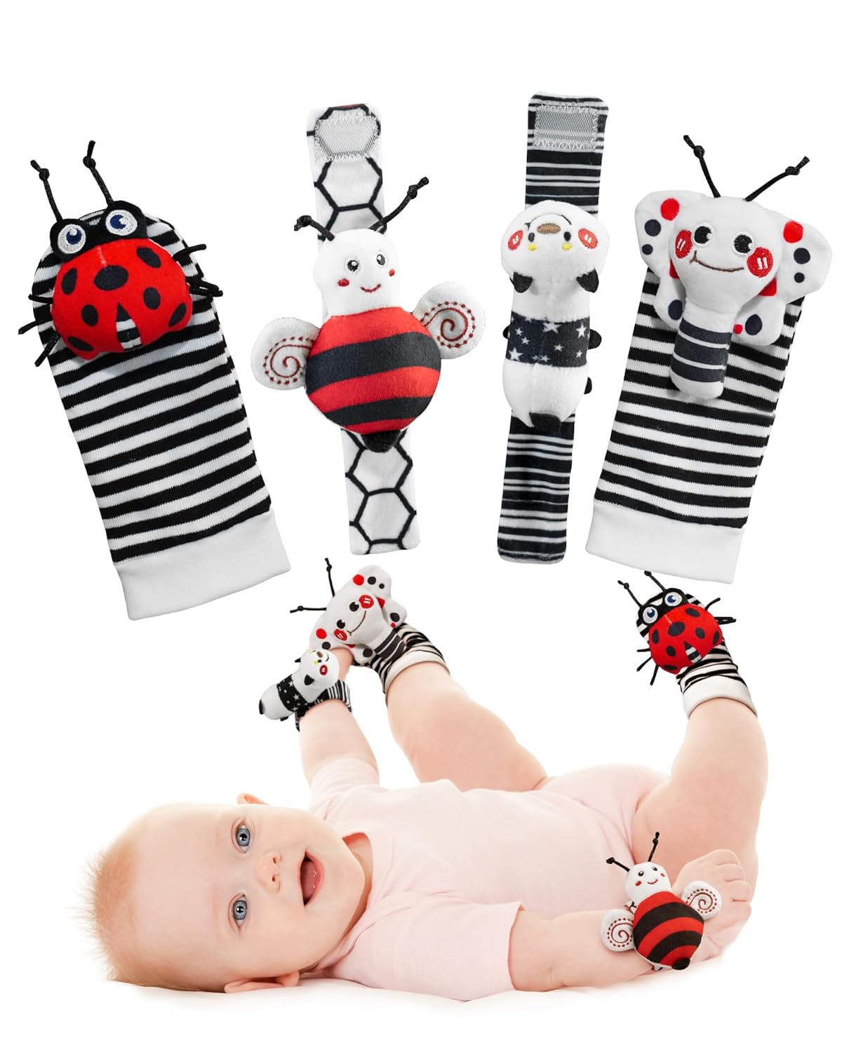 Infinno High Contrast Baby Toys Infant Rattle Socks and Wristband Set, Ideal Baby Sensery Toy Gifts