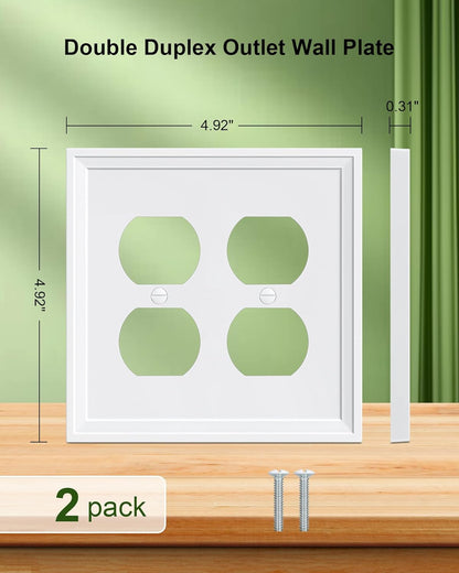 2-Pack Double Duplex Outlet Cover, Natural Bamboo Fiber Switch Plates and Outlet Covers, White Decorative Wall Plates for Electrical Outlets, 2 Gang Receptacle Cover, Corrosion Resistant